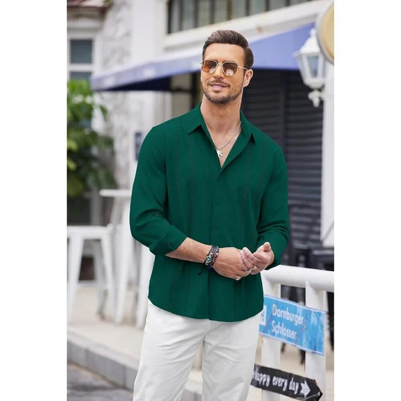❤️Mens Green Cuban  Shirt Casual Button Down Shirts Long Sleeve Beach Shirts - Picture 3 of 5